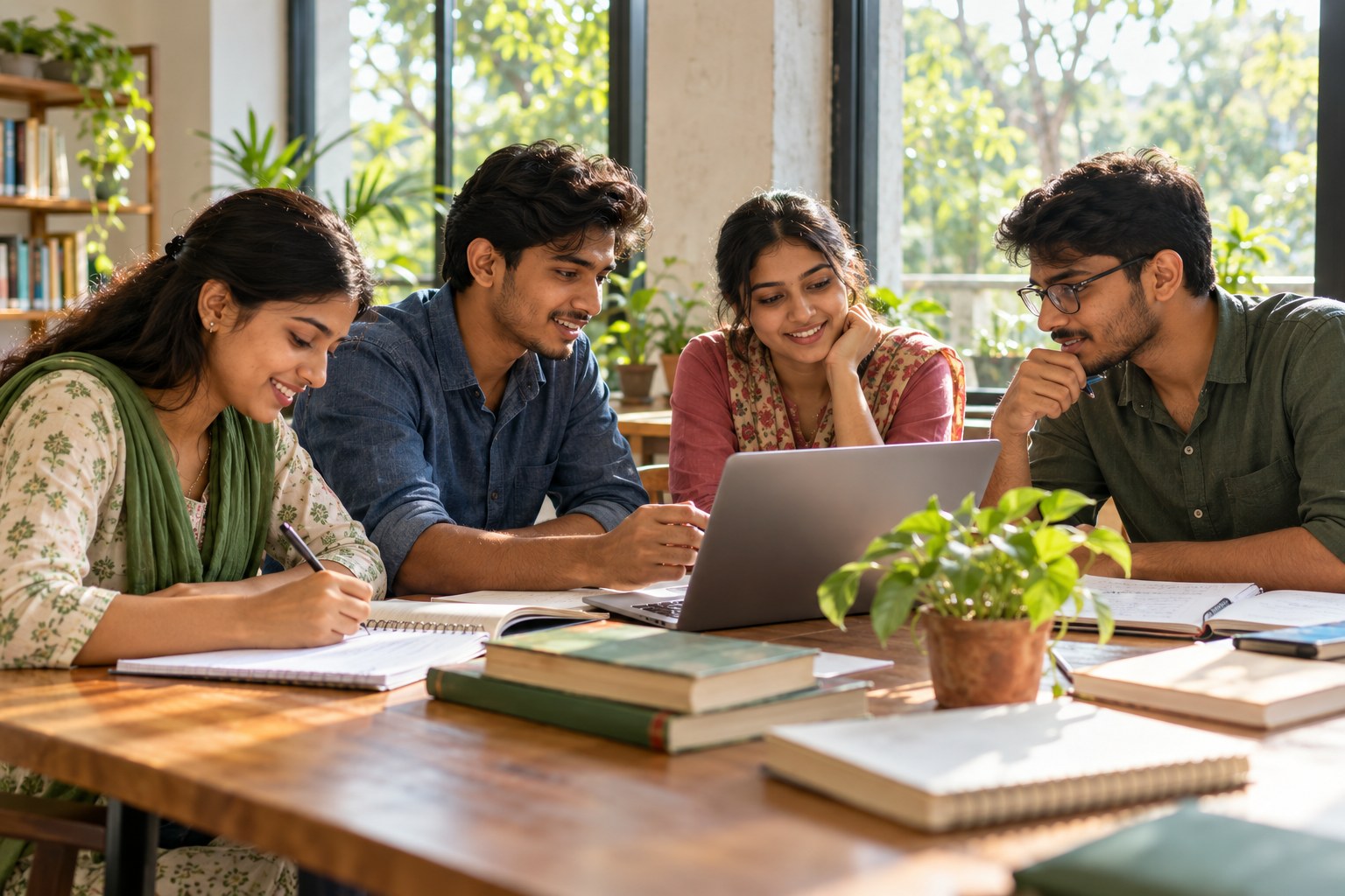 Illustrative scene of young adults learning together in a sunlit study space